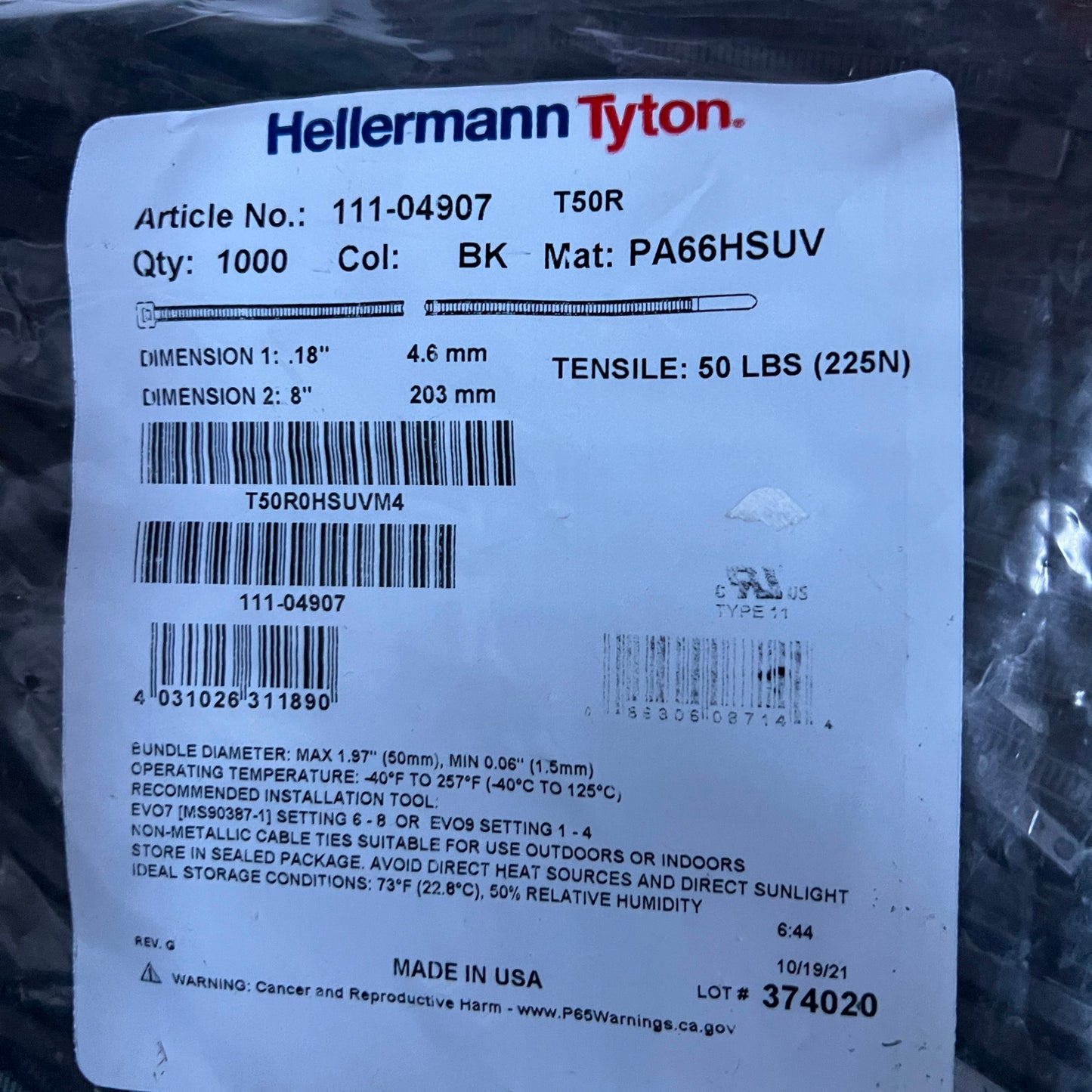 HellermanTyton 111-04907 T50R Wire Ties Black 8" 1000 Pcs T50R0HSUVM4