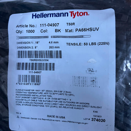 HellermanTyton 111-04907 T50R Wire Ties Black 8" 1000 Pcs T50R0HSUVM4