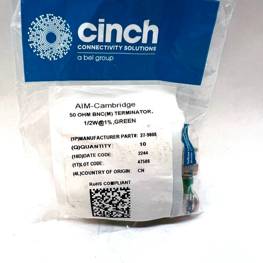 CINCH AIM-Cambridge 27-9008 50 Ohm BNC (M) Terminator 1/2W 1% Green 10 Each NEW