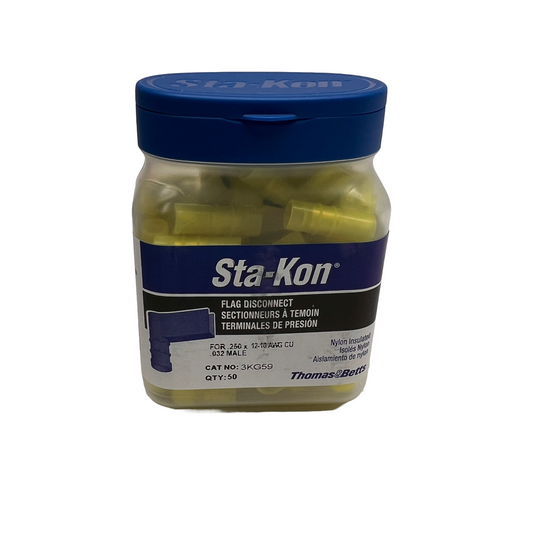 50 Pcs STA-KON Thomas & Betts T&B 3KG59 12-10AWG Flag Disconnect Yellow 1/4" Fe