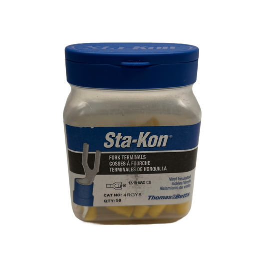 50 Pcs STA-KON Thomas & Betts T&B 4RGY8 12-10AWG Fork Terminal Yellow #10 Stud