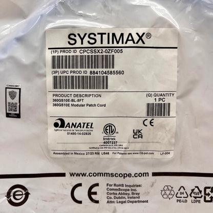 Commscope SYSTIMAX X10D CPCSSX2 GigaSPEED CAT6A Patch Cord 5 Ft Modular Cable