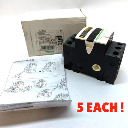 5 Each Schneider LS1D32 Fuse Holder Disconnector 3Pole 600V 32A 10mmx38mm Fuse