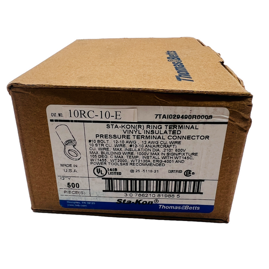 T&B Thomas & Betts 10RC-10 Sta-Kon Ring Crimp Terminal #10 Bolt 12-10AWG Pkg/500