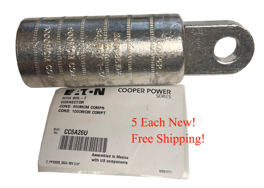 5 ea Eaton CC6A26U Deadbreak Crimp Connector 600A BOL-T Aluminum 1 Hole Lugs NEW