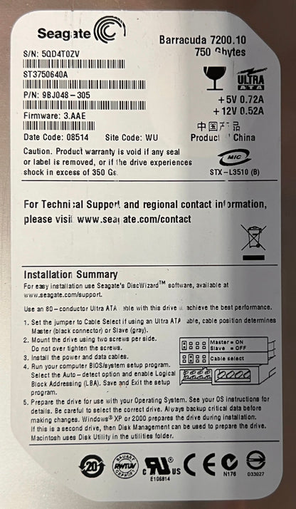 Seagate Barracuda 7200.10 750 Gbytes Ultra ATA Hard Drive ST3750640A LOT/7Each