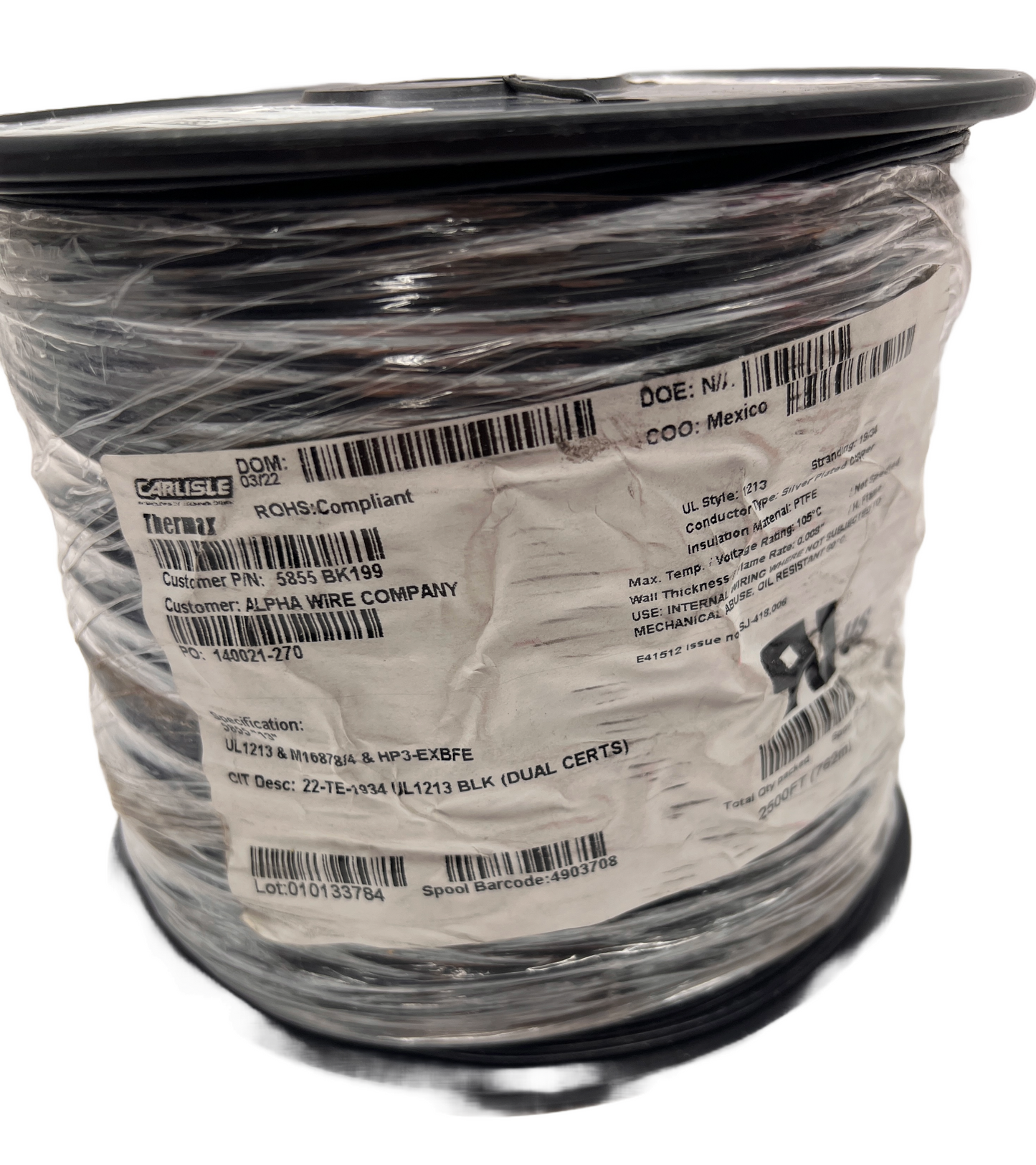 22AWG PTFE Insulated Silver Plated Cu Wire UL1213 Alpha 5855 2500 FT Black 19/34