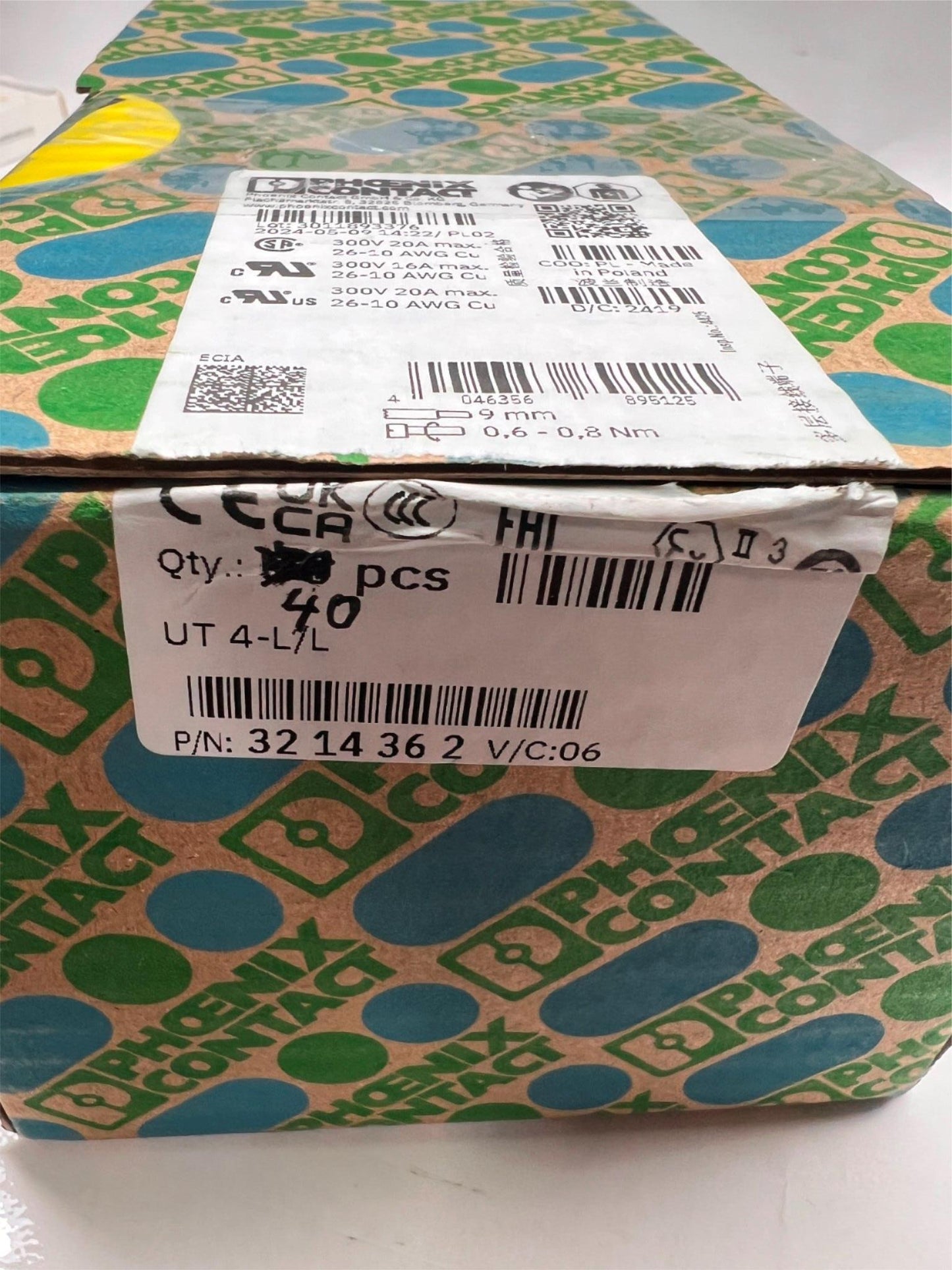 PHOENIX CONTACT UT 4-L/L Multi-level 26-10 AWG Terminal Block 3214362 40 Each