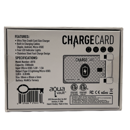 AquaVault AV10 Platinum 2300 mAh ChargeCard Credit Card PowerBank Apple Android