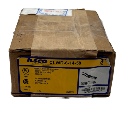 ILSCO CLWD-6-14-58 6AWG SureCrimp Terminal Connector Lug Bolt Size 1/4" 50 Each