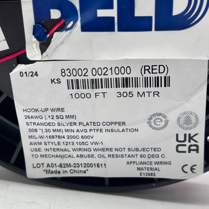 1000ft Belden 83002 0021000 Hook-Up Wire PTFE 26AWG 105C UL1213 VW1 Red NEW