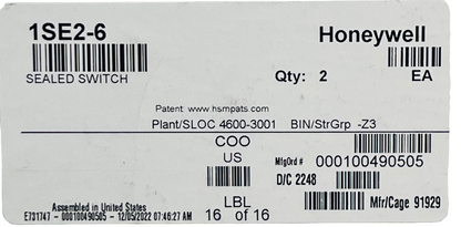 2 Each 1SE2-6 Honeywell MICRO SWITCH™ Miniature Sealed Snap Action Switch SPST