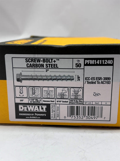 DEWALT Powers PFM1411240 Screw-Bolt+™ Concrete Anchor Screws 3/8"X3" 50 Pc New