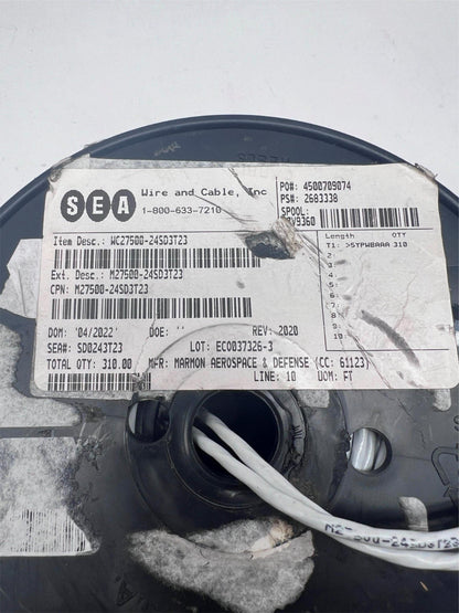 Mil. Spec. M27500/24SD3T23 White Jacket 24 AWG 3 Conductor Shielded Cable 310 FT