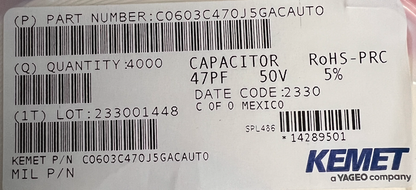 KEMET C0603C470J5GACAUTO Cap Ceramic 47pF 50V C0G 5% SMD 0603 125°C T/R 4000 pcs