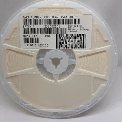KEMET C0603C470J5GACAUTO Cap Ceramic 47pF 50V C0G 5% SMD 0603 125°C T/R 4000 pcs