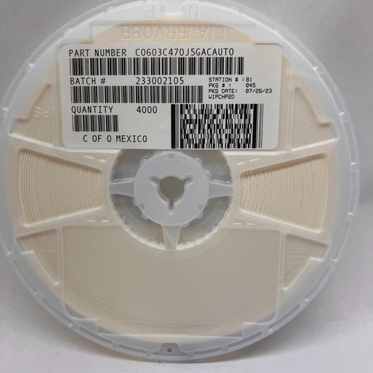 KEMET C0603C470J5GACAUTO Cap Ceramic 47pF 50V C0G 5% SMD 0603 125°C T/R 4000 pcs