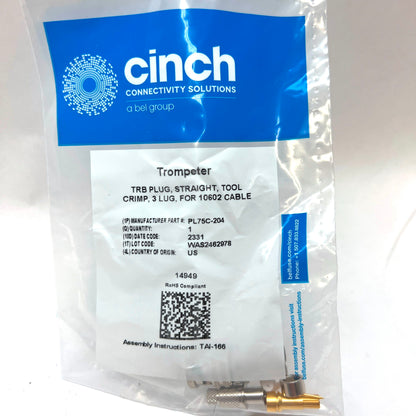 CINCH Trompeter PL75C-204 TRB Plug Straight Tool Crimp 3 Lug for 10602 Cable