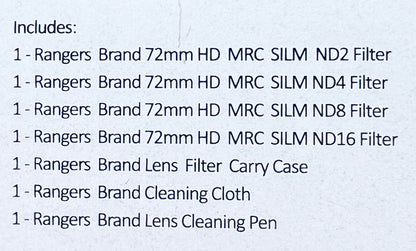 Rangers Digital Camera Filter Kit 72mm 4 Filters, Brush and Cloth and Case New