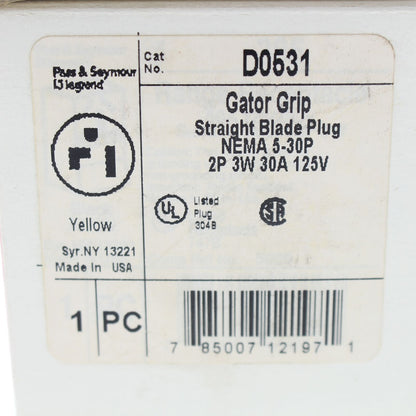 P&S D0531 Yellow Gator Grip Industrial Straight Blade Plug NEMA 5-30P 30A 125V