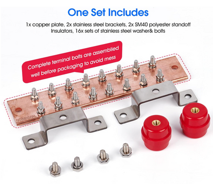 10" Copper Ground Bar Kit 900A Equipment Power Grounding 16 Terminals Ham Radio