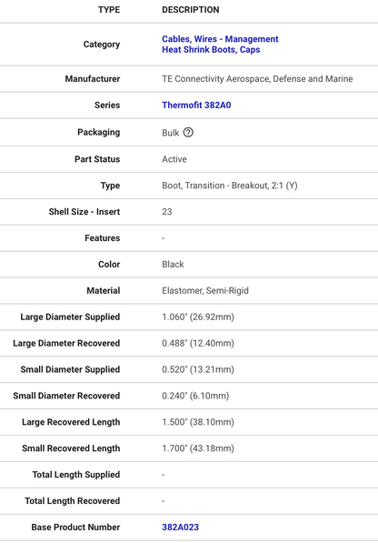 TE 382A023-25-0 Heat Shrink Transition Boot Modified Black Elastomer 823696-000