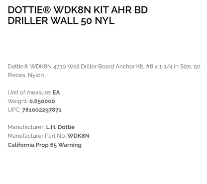 Dottie WDK8N Nylon #8 Walldriller Anchor Kit of 50 Walldrillers w/ Screws & Bit