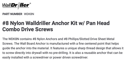 Dottie WDK8N Nylon #8 Walldriller Anchor Kit of 50 Walldrillers w/ Screws & Bit