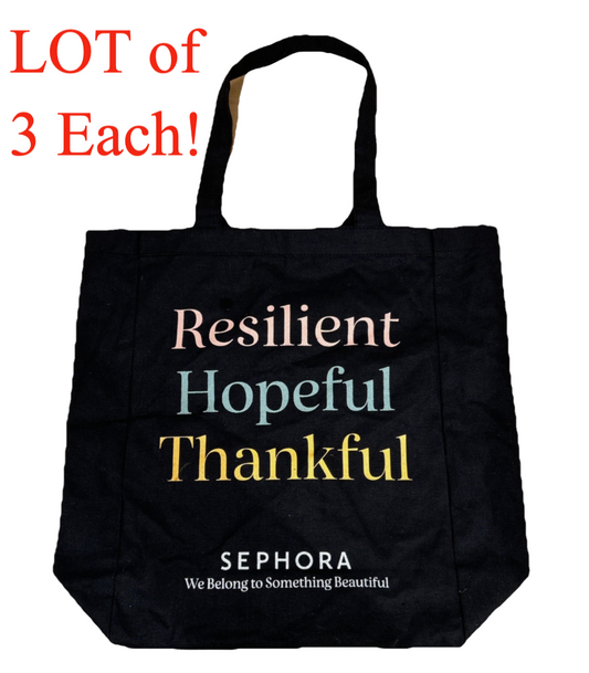 3 SEPHORA Black Tote Bag Resilient Hopeful Thankful Reusable Shopping Canvas NEW