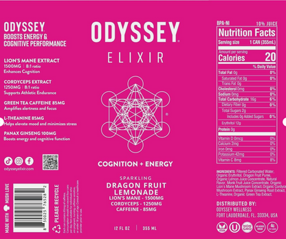 12 Odyssey Mushroom Elixir Dragon Fruit Lemonade Sparkling Mushroom Elixir 12 OZ